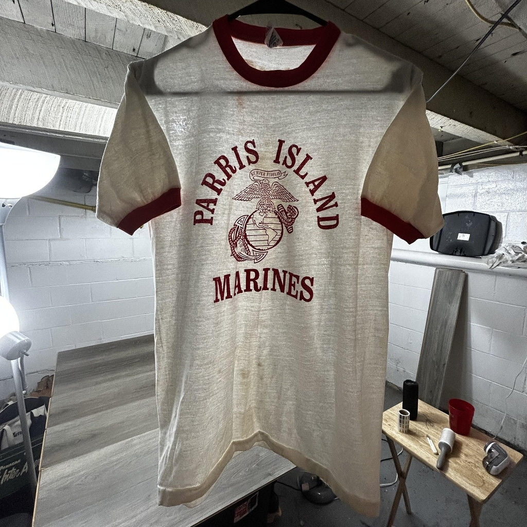 True Vintage 70s USMC Ringer Shirt Mens Medium White Parris Island Marines USA