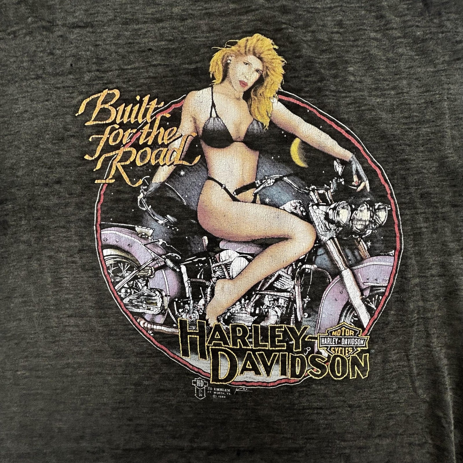 Vintage Harley Davidson 3D Emblem Shirt Medium Pinup Girl Faded Thrashed 80s USA