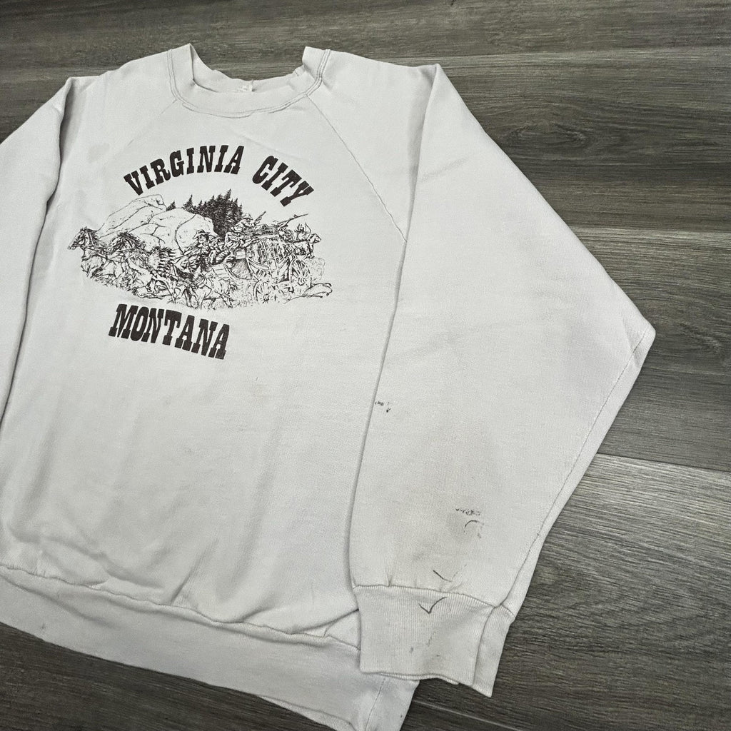 True Vintage 70s Cowboy Indian Sweatshirt Mens XL Gray Virginia City Montana USA