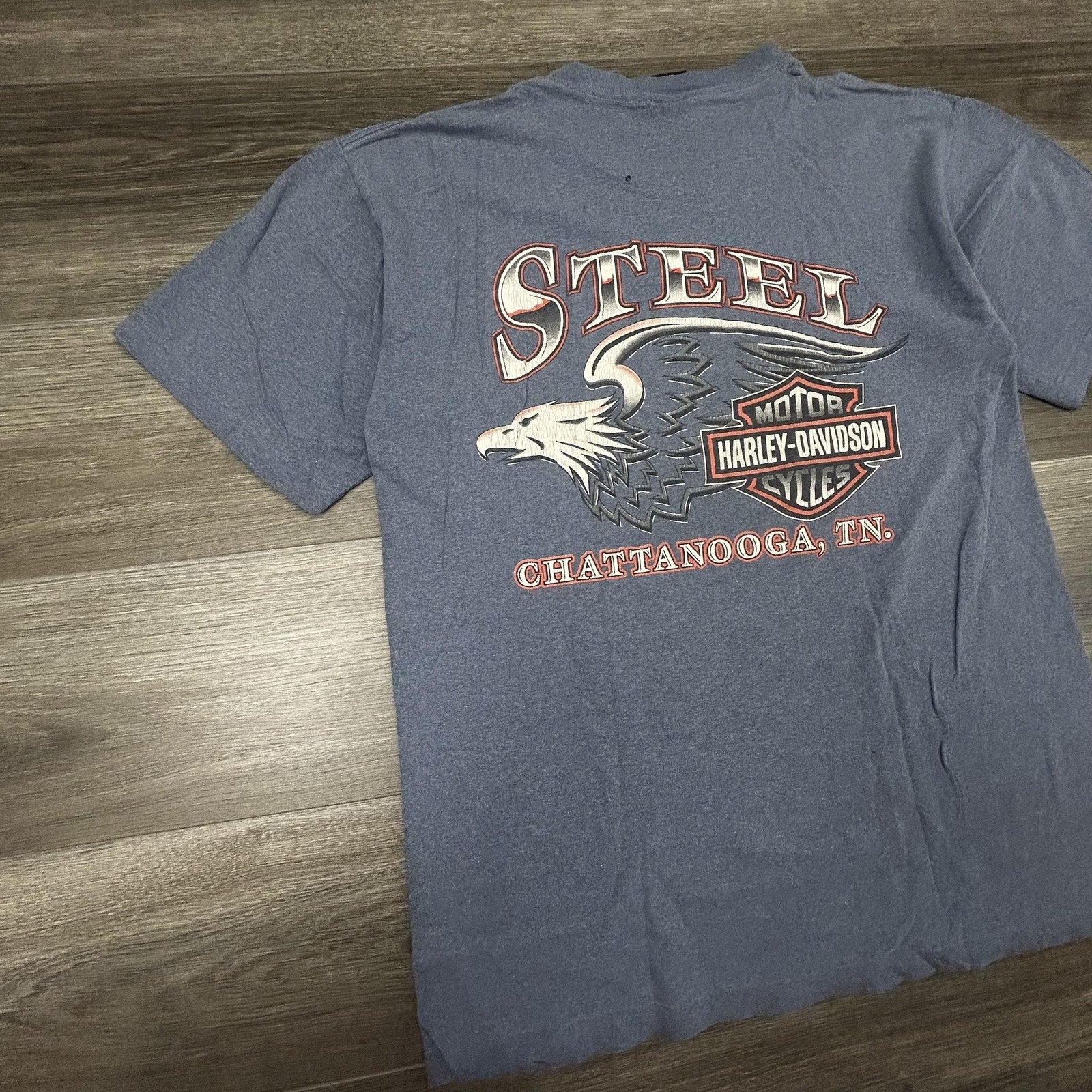 Vintage Harley Davidson Shirt Mens Large Blue Eagle Chrome SIngle Stitch 90s USA