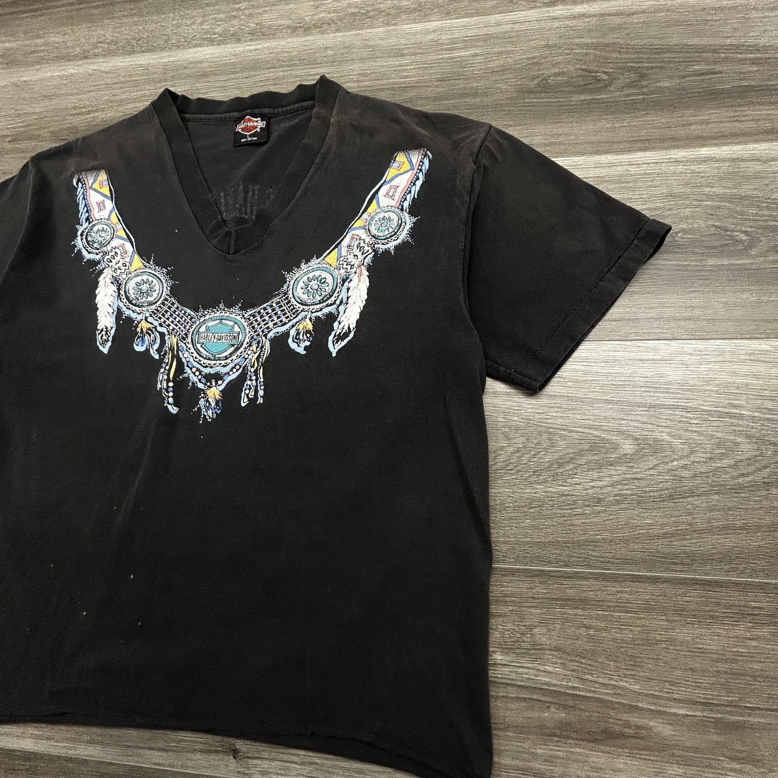 Vintage Harley Davidson Shirt Womens Large Black V-Neck Native 1993 Holoubek USA