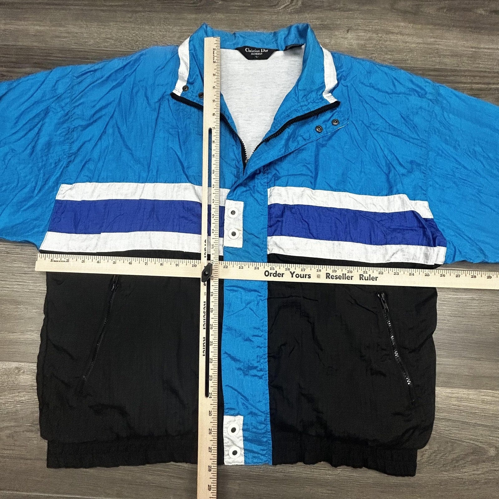 Vintage Christian Dior Windbreaker Jacket Mens Large Blue Navy Striped Nylon 80s