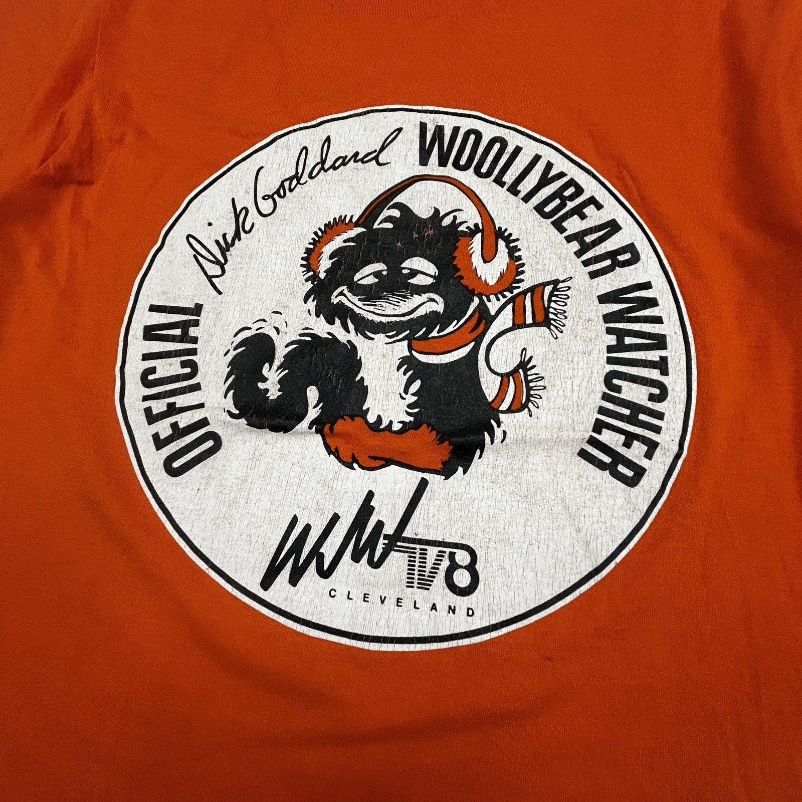 Vintage WJW TV8 Cleveland Shirt Mens Small Orange Woollybear Watcher USA 80s
