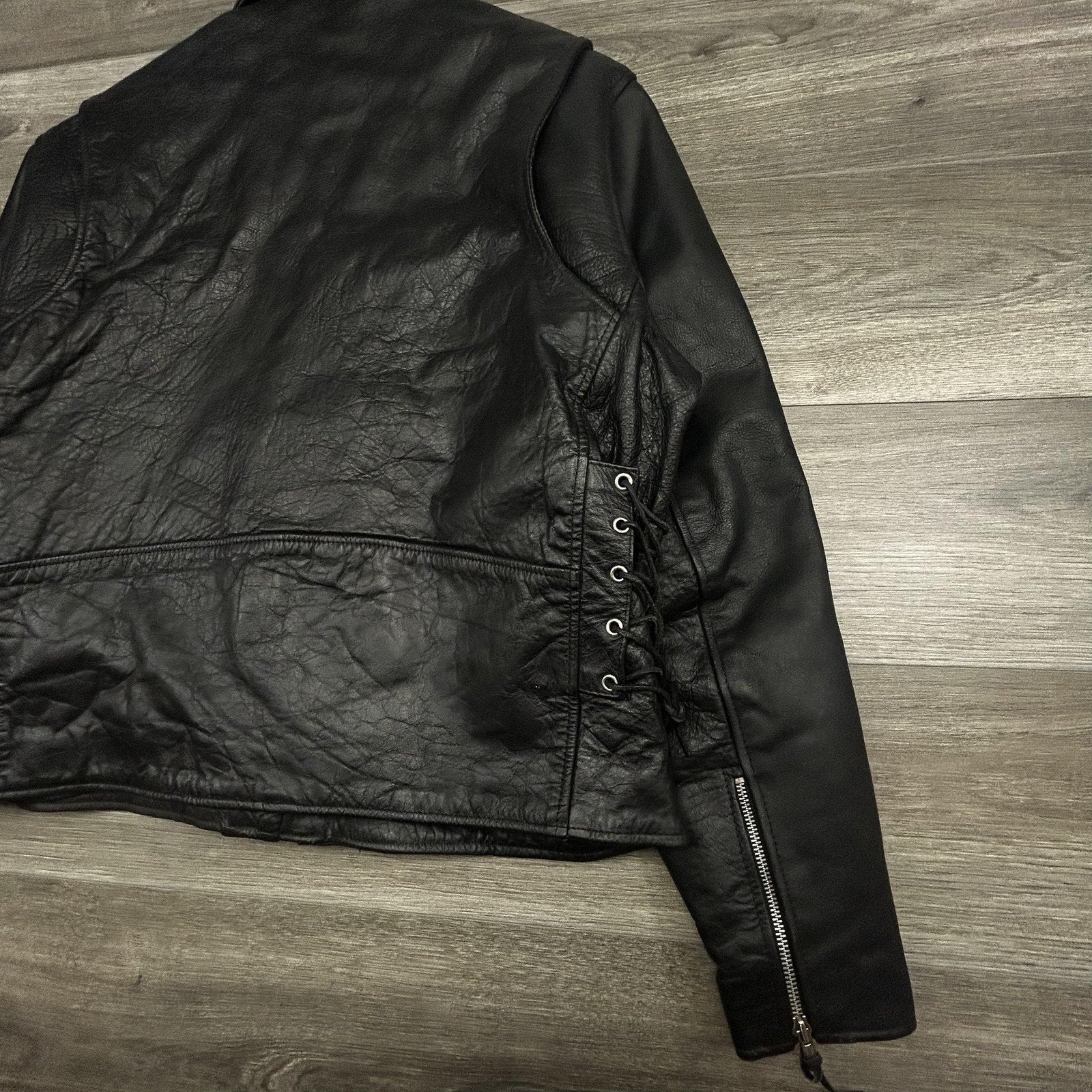 Vintage Hot Leathers Jacket Mens 50 Black Motorcycle Biker Belted Side Lace Zip 90s
