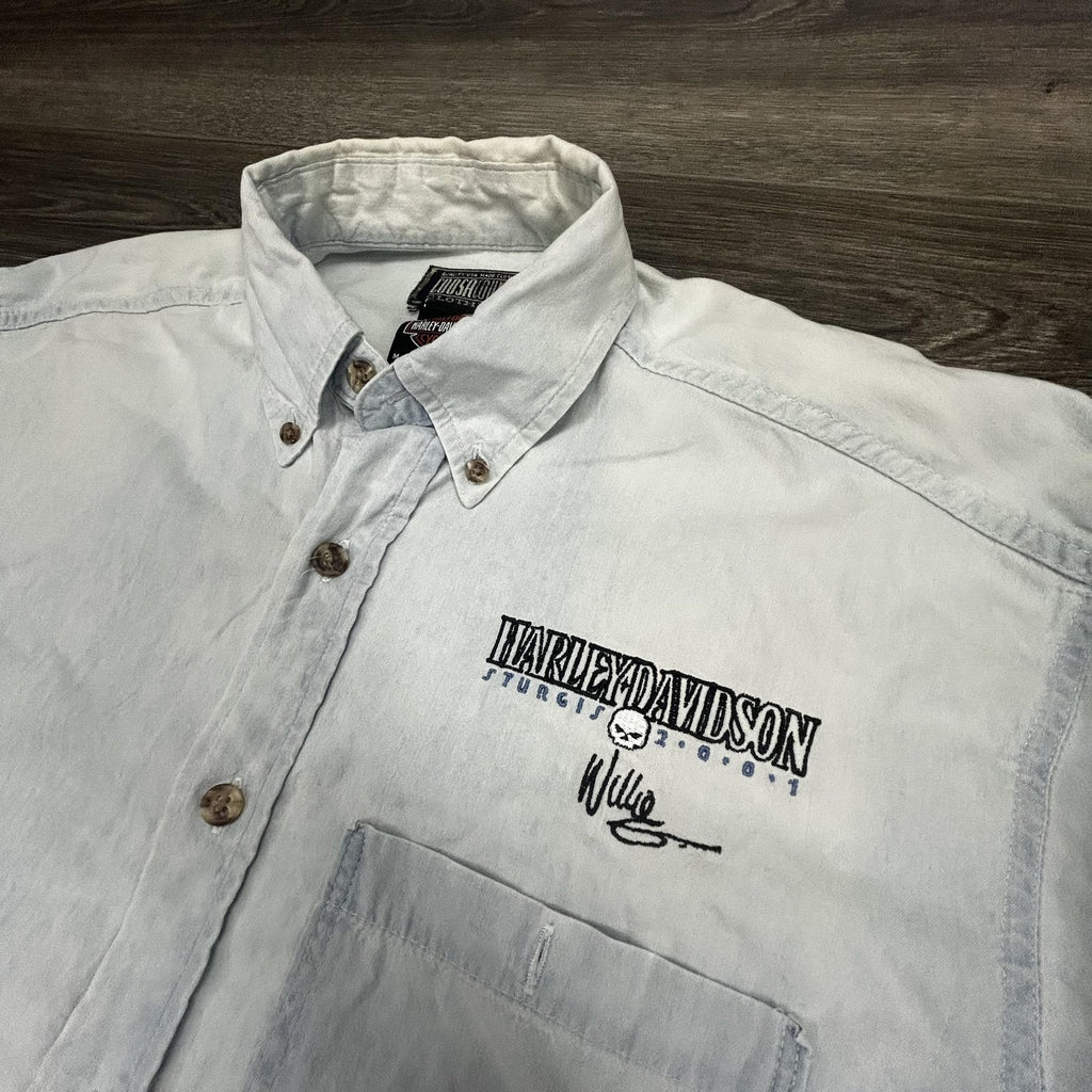 Vintage Harley Davidson Shirt Mens Medium Blue Denim Sturgis Willie G 2001 USA