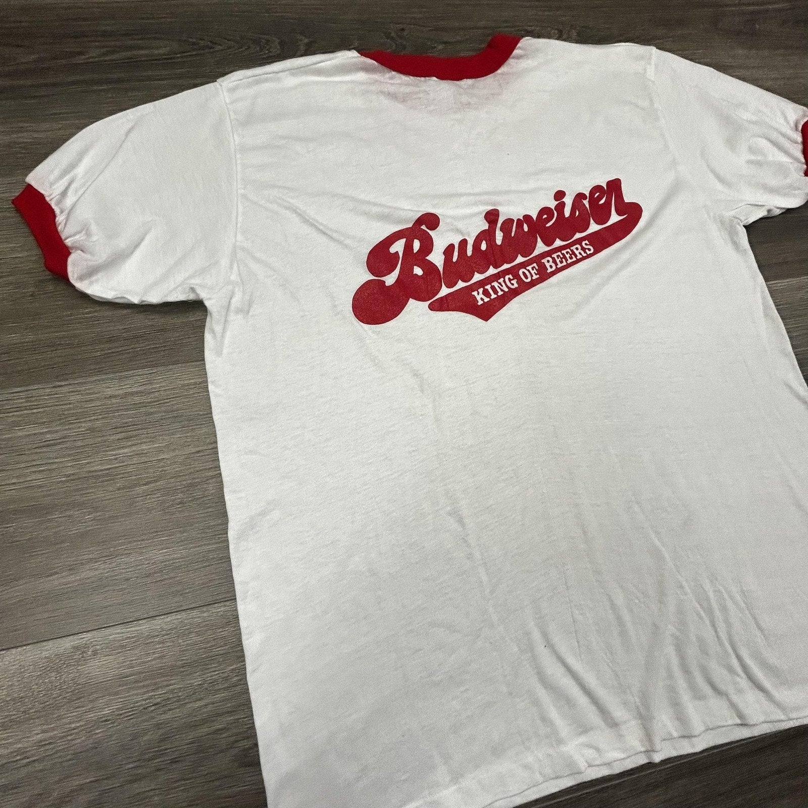 Vintage 80s Budweiser Ringer Shirt Mens Large White Red King Of Beers Logo USA