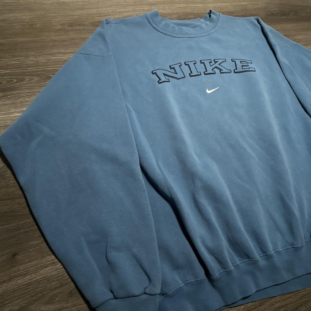 Vintage Nike Sweatshirt Mens 2XL Light Blue Spellout Center Swoosh 90s Made USA