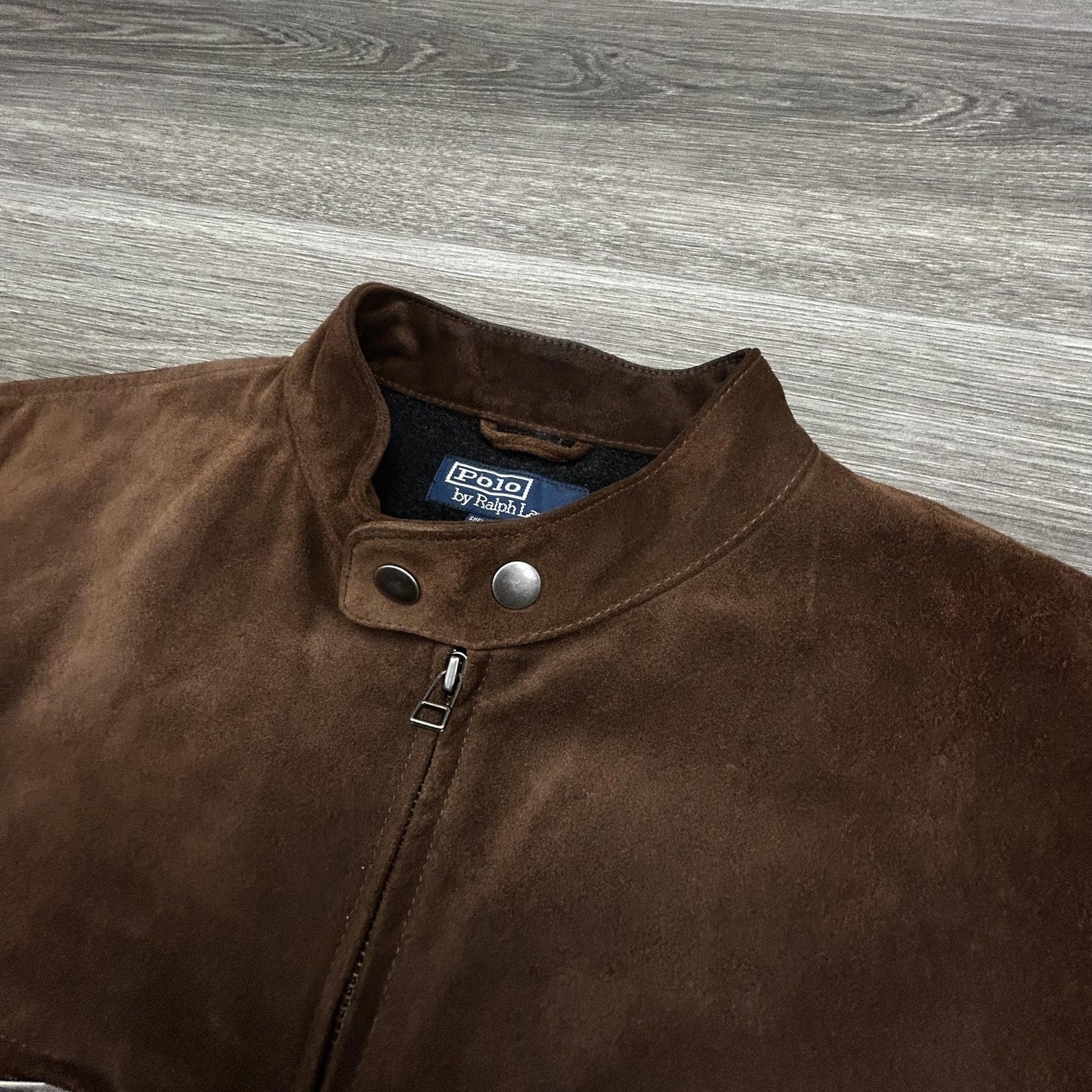 Vintage Polo Ralph Lauren Suede Leather Jacket Mens Large Brown Moto Wool Lined