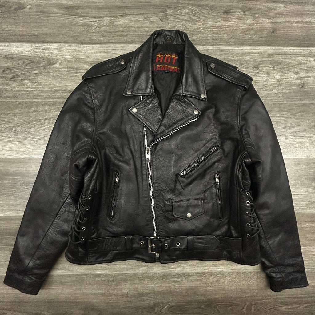 Vintage Hot Leathers Jacket Mens 50 Black Motorcycle Biker Belted Side Lace Zip 90s