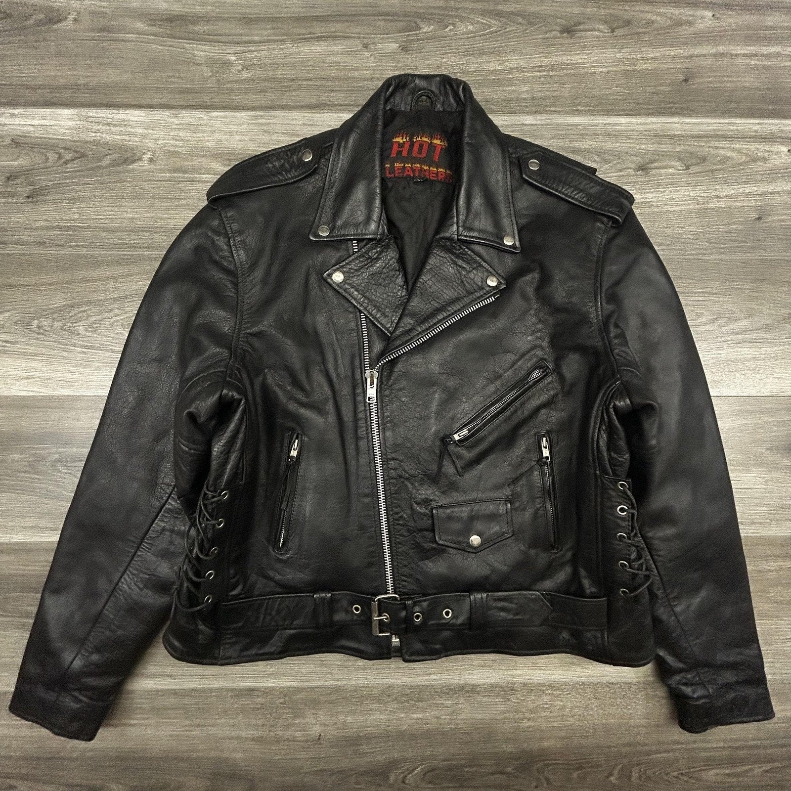 Vintage Hot Leathers Jacket Mens 50 Black Motorcycle Biker Belted Side Lace Zip 90s