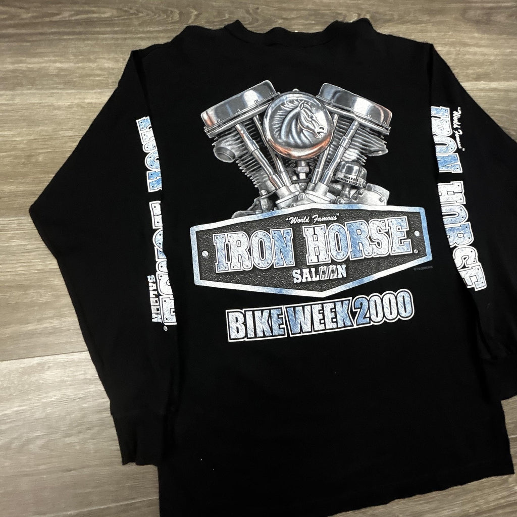 Vintage Iron Horse Saloon Shirt Mens Medium Black Henley Bike Week Long Sleeve