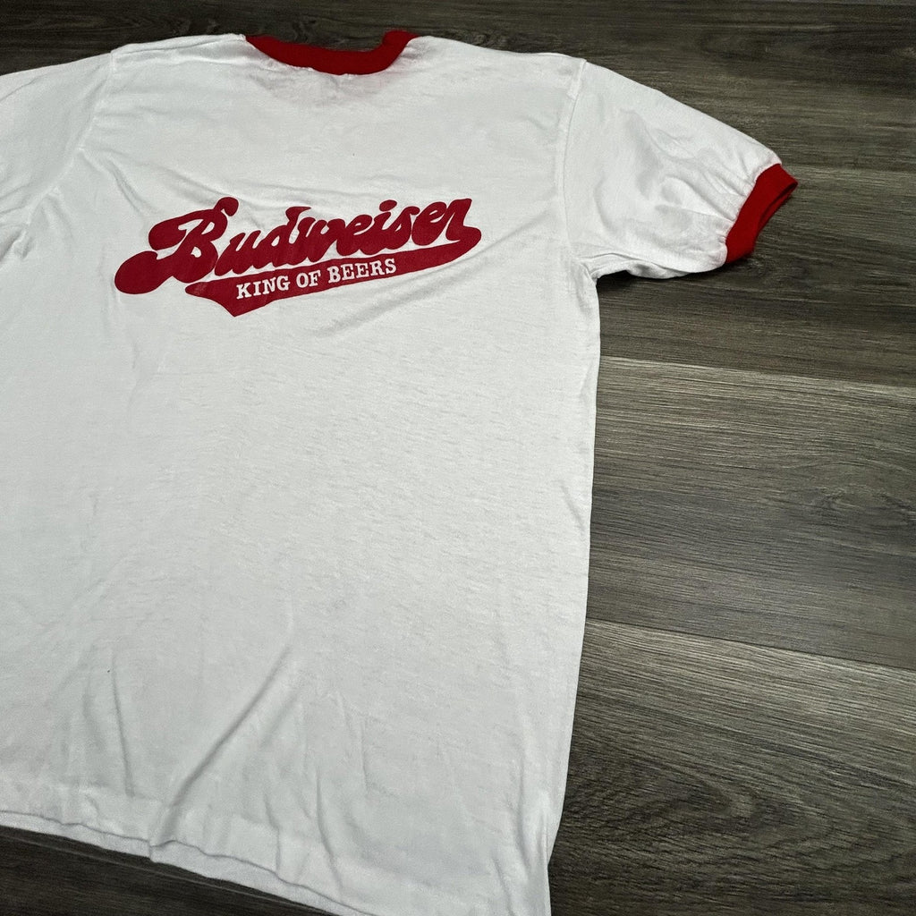 Vintage 80s Budweiser Ringer Shirt Mens Large White Red King Of Beers Logo USA