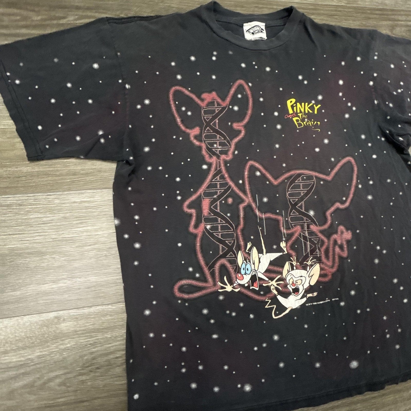 Vintage Pinky And The Brain Shirt Mens XL Black DNA Space AOP 1996 Made USA RARE