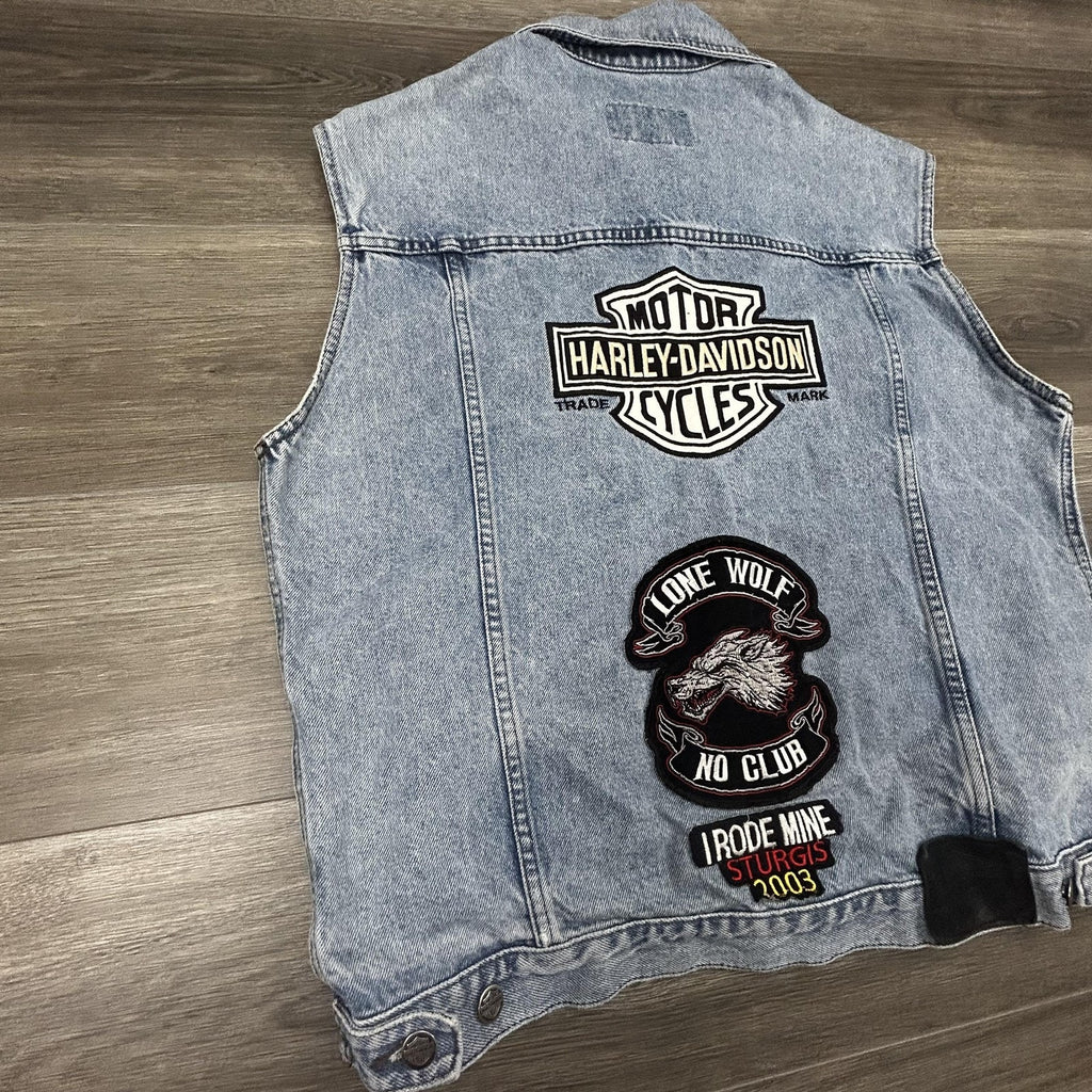 Vintage Harley-Davidson Vest Mens Medium Blue Denim Biker Patches Sturgis Y2K