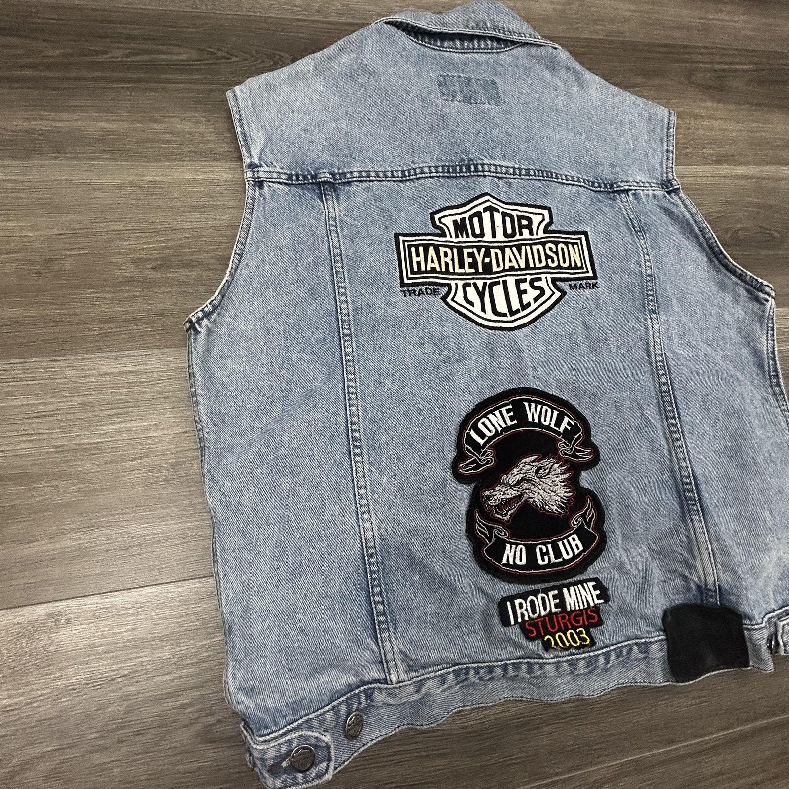 Vintage Harley-Davidson Vest Mens Medium Blue Denim Biker Patches Sturgis Y2K