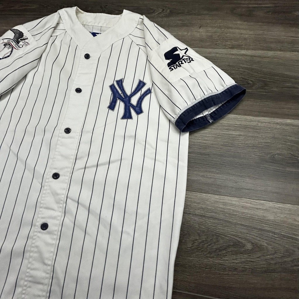 Vintage New York Yankees Jersey Mens Large White Pinstripe Baseball Starter 90s