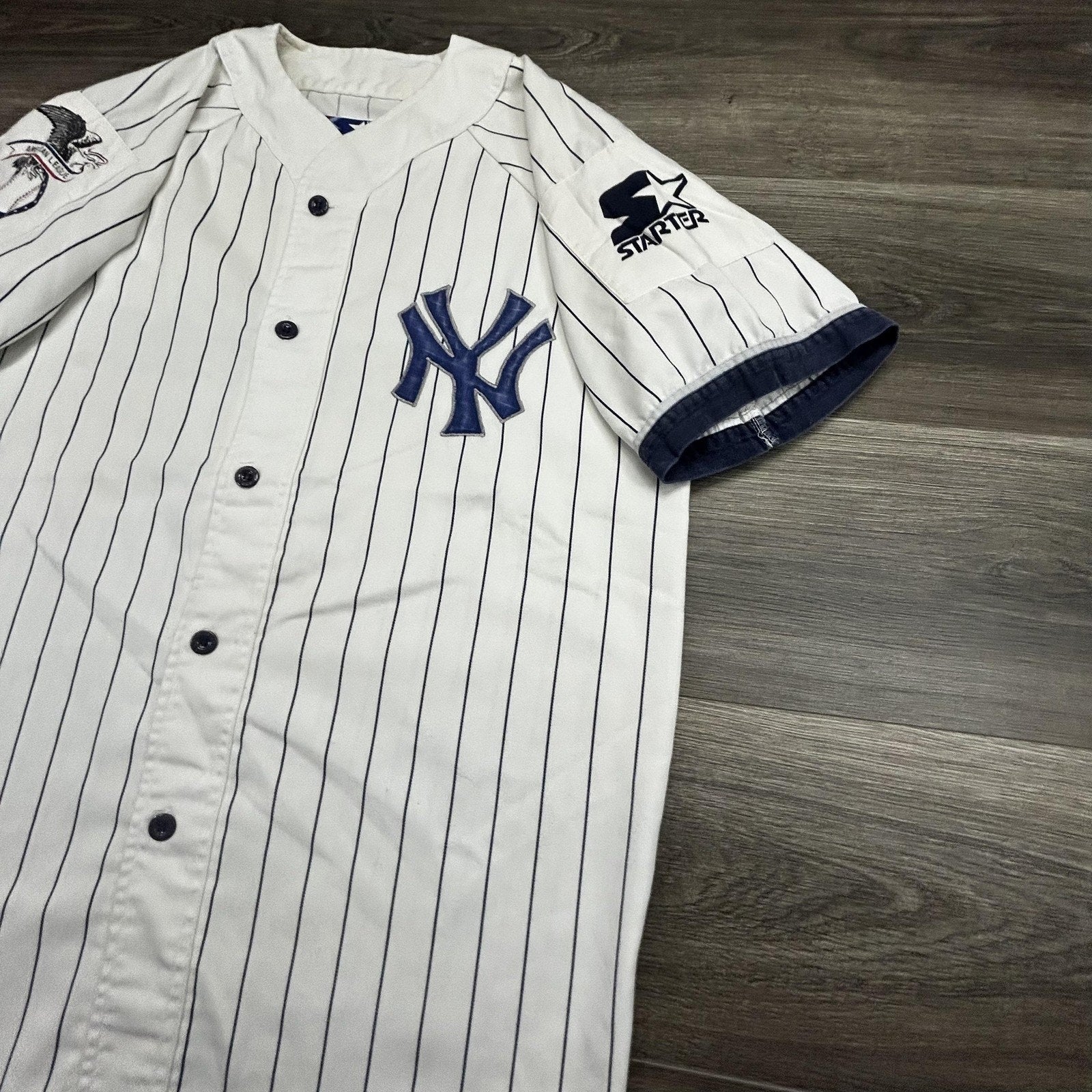 Vintage New York Yankees Jersey Mens Large White Pinstripe Baseball Starter 90s