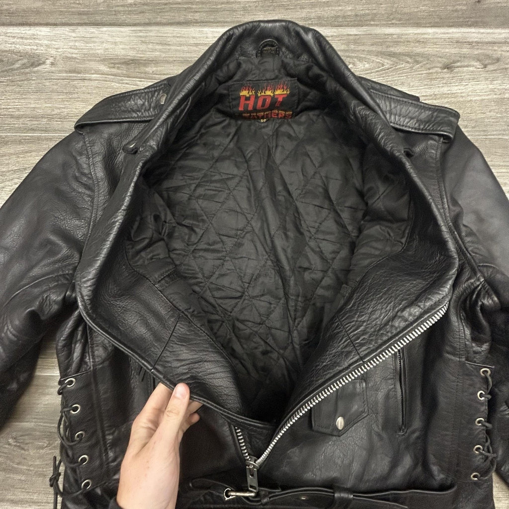 Vintage Hot Leathers Jacket Mens 50 Black Motorcycle Biker Belted Side Lace Zip 90s