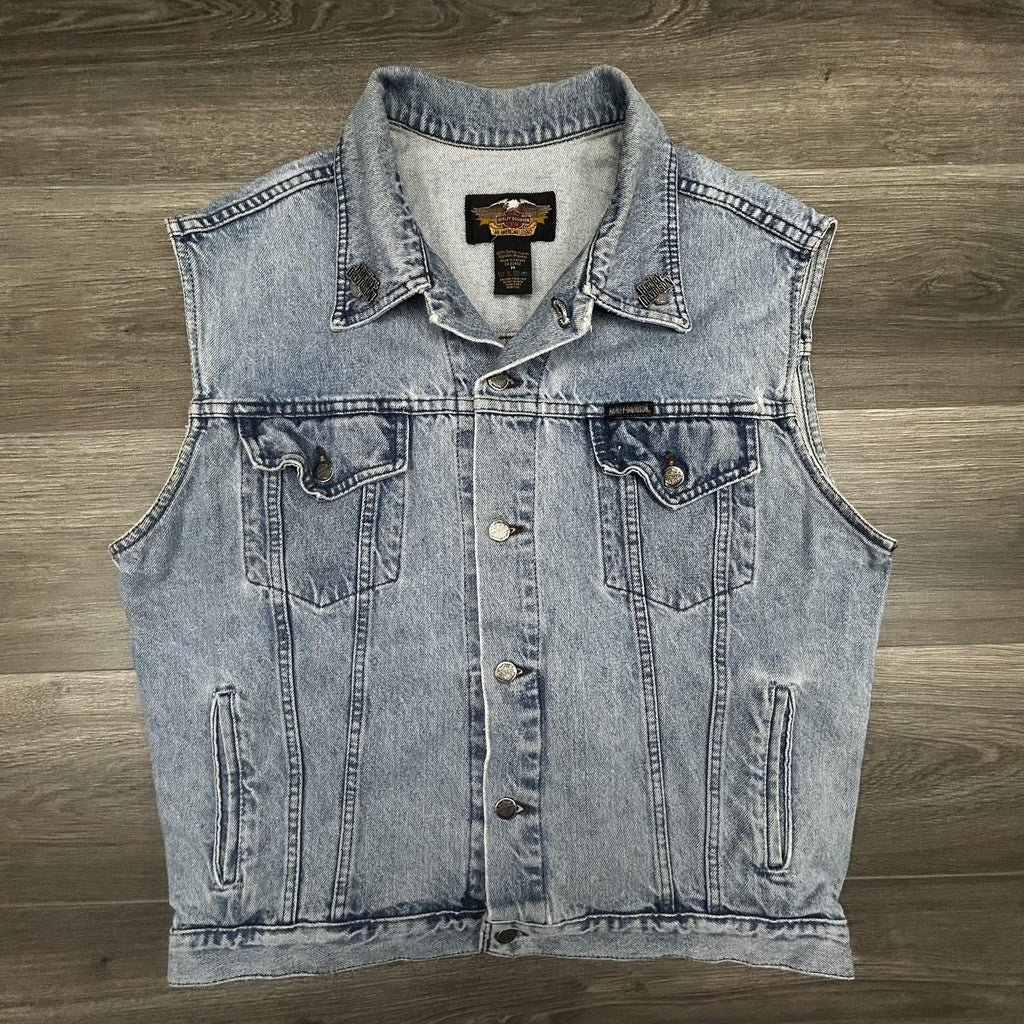 Vintage Harley-Davidson Vest Mens Medium Blue Denim Biker Patches Sturgis Y2K