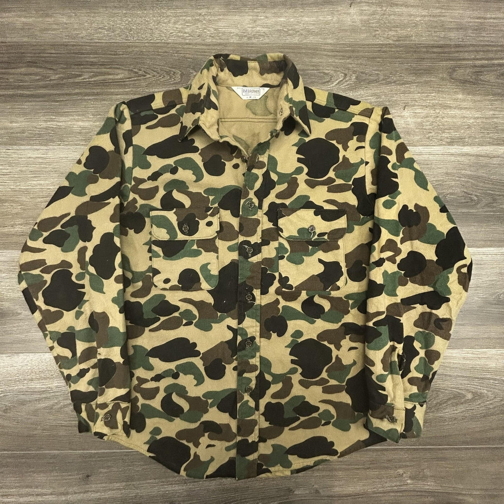Vintage 70s Duck Camo Chamois Cloth Shirt Mens Medium Five Brothers Made in USA