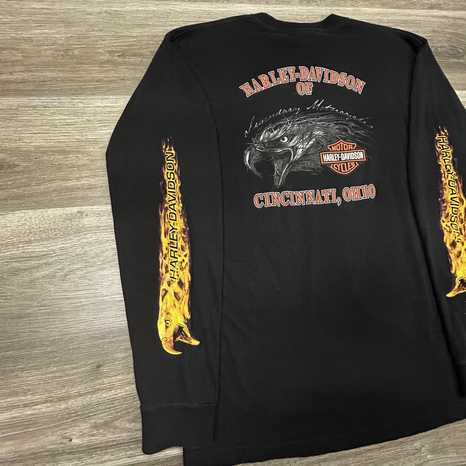 Vintage Harley Davidson Shirt Mens Large Black Long Sleeve Hit Eagle Flames USA