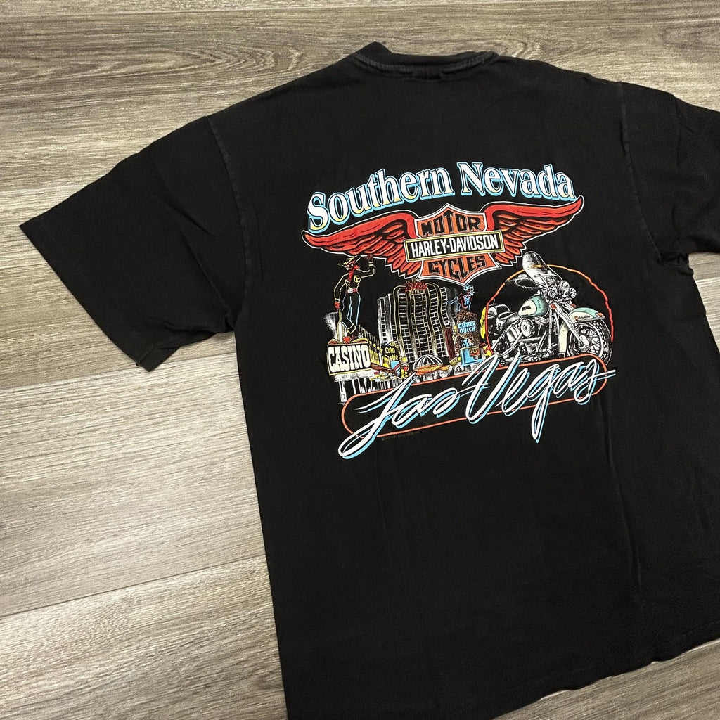 Vintage Harley Davidson Shirt Mens Large Black Flames Las Vegas 1998 90s USA
