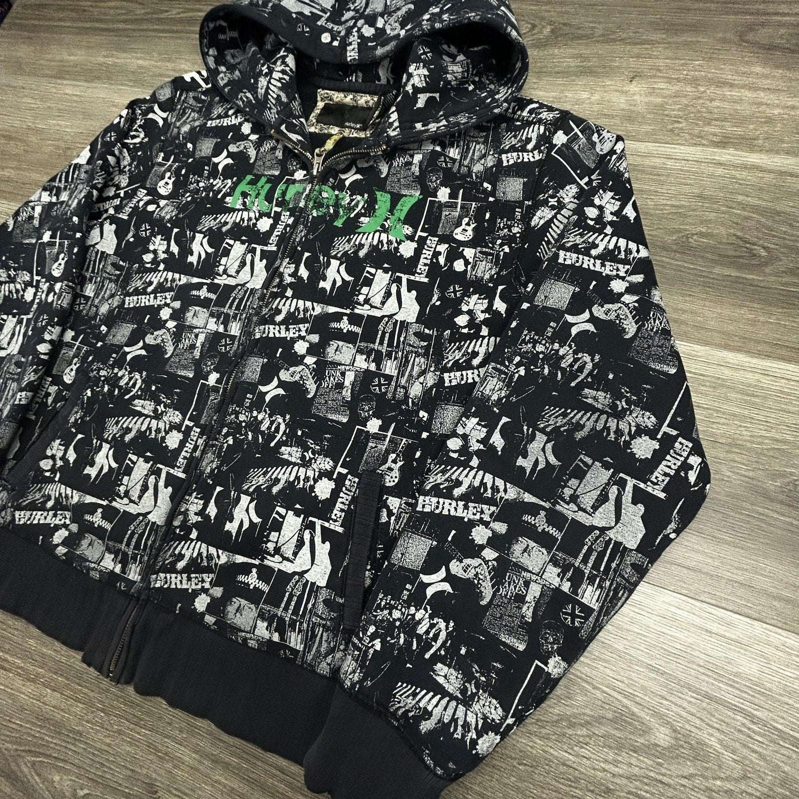 Vintage Hurley Hoodie Mens Large Black AOP Full Zip Music Rock Skate Surf Y2K