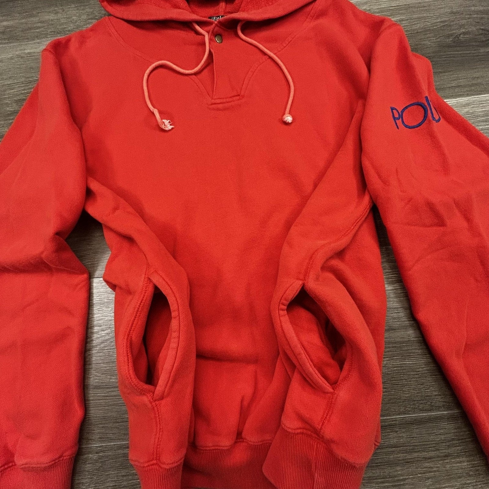 Vintage Polo Ralph Lauren Hoodie Mens M (Yth XL) Orange Henley Logo RARE 80s 90s