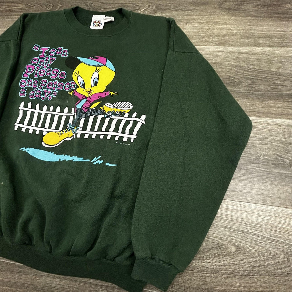 Vintage Looney Tunes Tweety Sweatshirt Mens XL Green I Can Only Please 90s