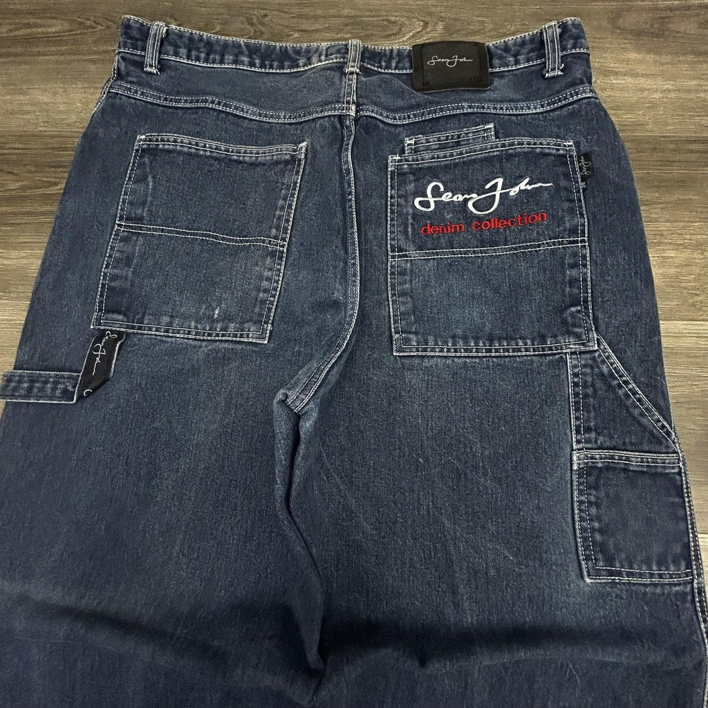 Vintage Sean John Jeans Mens 38x32 Dark Wash Baggy Wide Leg Hip Hop Diddy Y2K