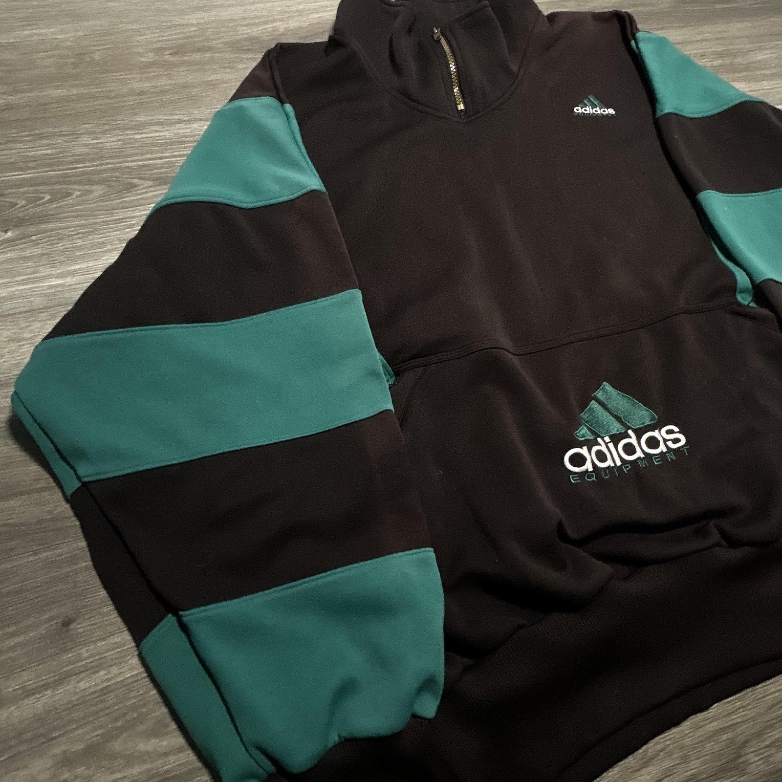 Vintage Adidas Sweatshirt Mens 2XL Black Teal 1/4 Zip Striped Center Logo 90s