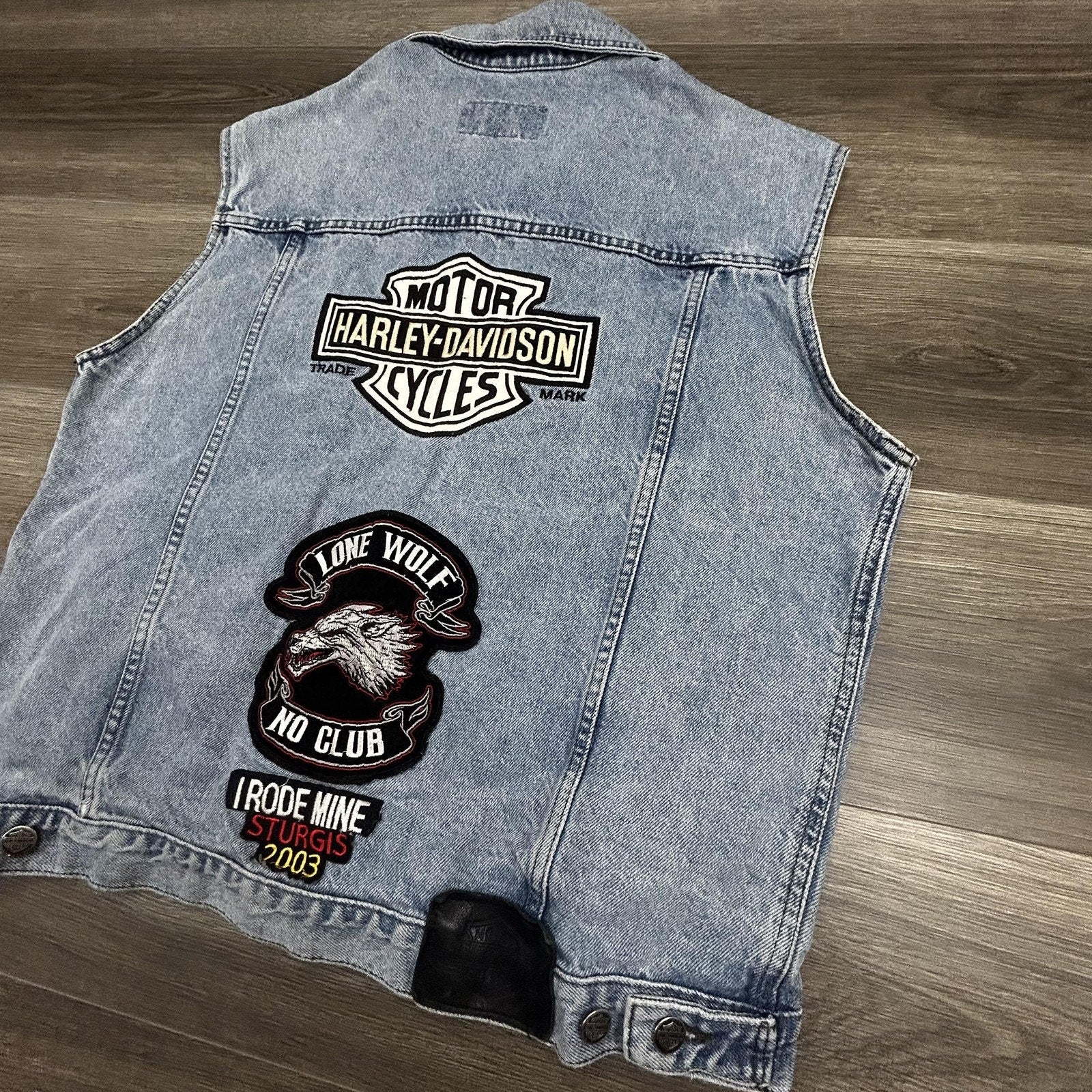 Vintage Harley-Davidson Vest Mens Medium Blue Denim Biker Patches Sturgis Y2K