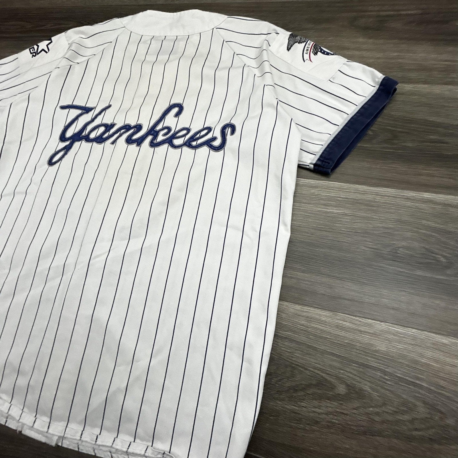 Vintage New York Yankees Jersey Mens Large White Pinstripe Baseball Starter 90s