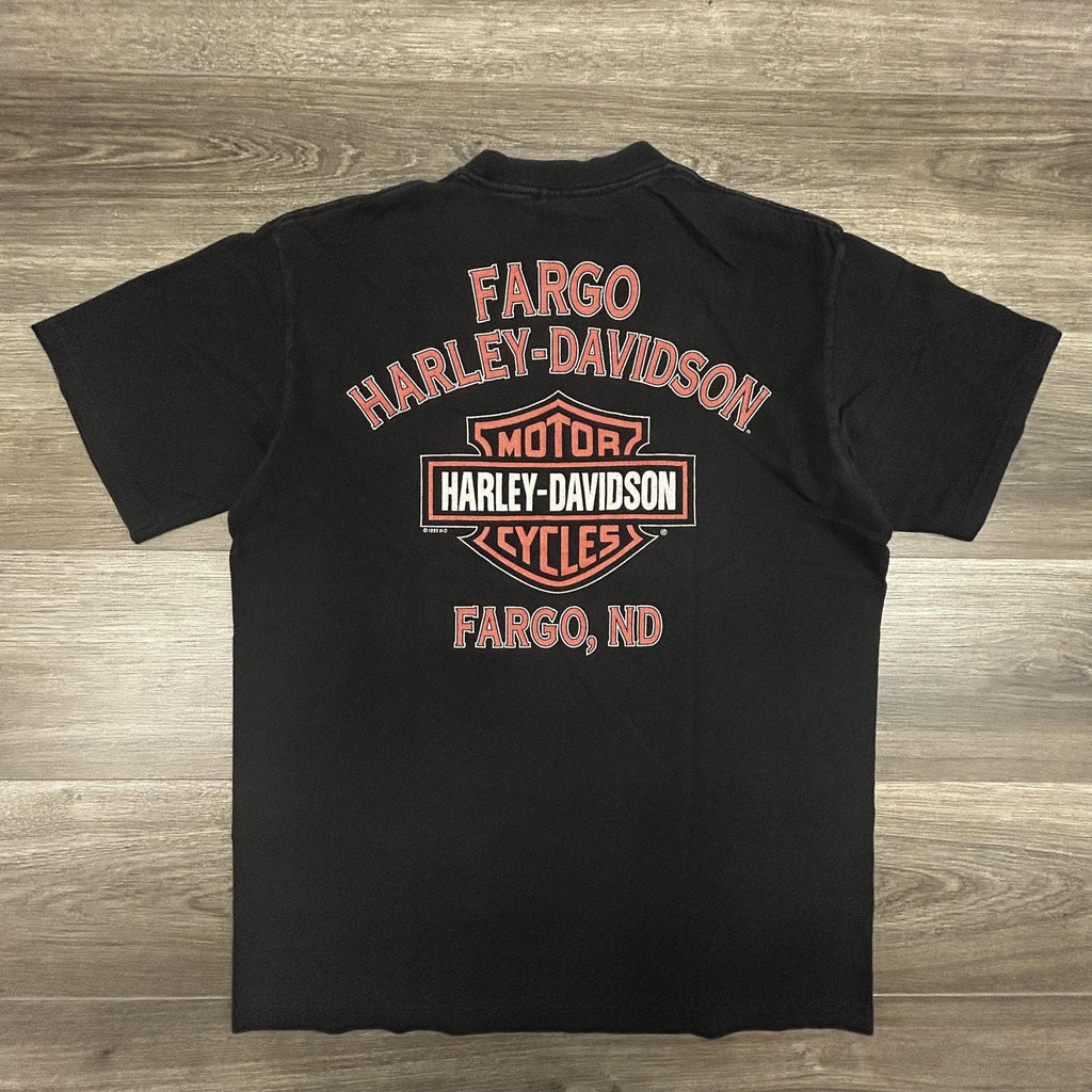 Vintage Harley Davidson Shirt Mens Large Black Pocket Flame Skull Single 90s USA