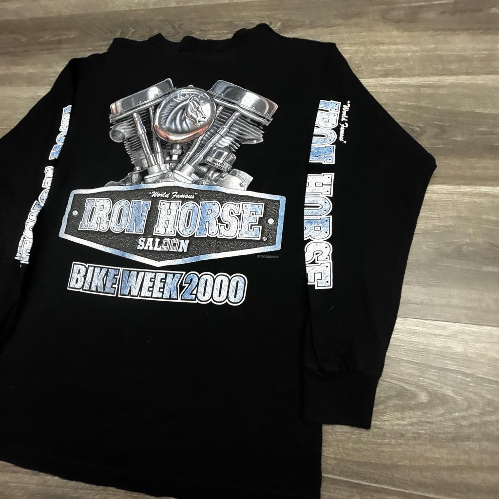 Vintage Iron Horse Saloon Shirt Mens Medium Black Henley Bike Week Long Sleeve