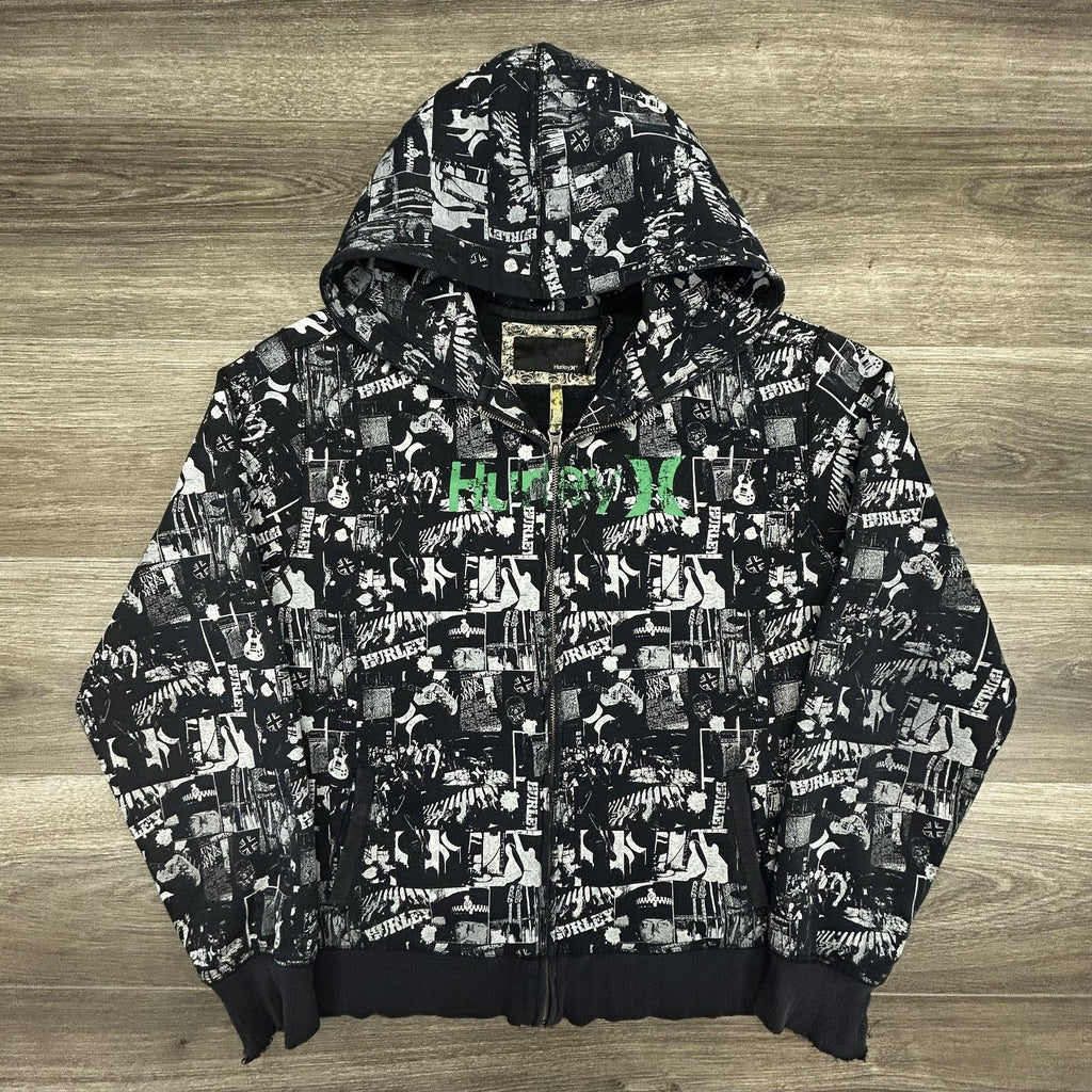 Vintage Hurley Hoodie Mens Large Black AOP Full Zip Music Rock Skate Surf Y2K