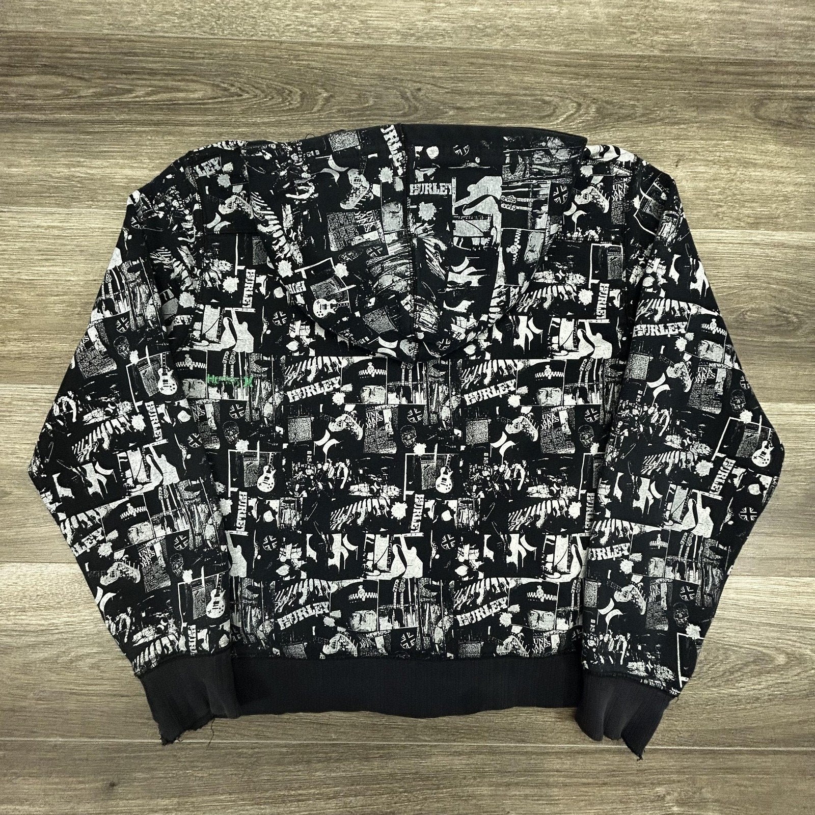 Vintage Hurley Hoodie Mens Large Black AOP Full Zip Music Rock Skate Surf Y2K