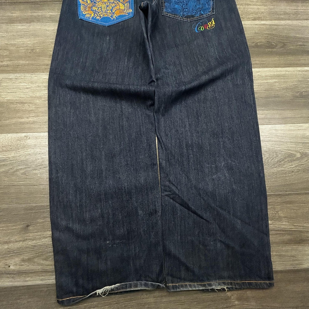 Vintage Coogi Jeans Mens 40x32 Dark Wash Baggy Wide Leg Embroidered Pockets Y2K