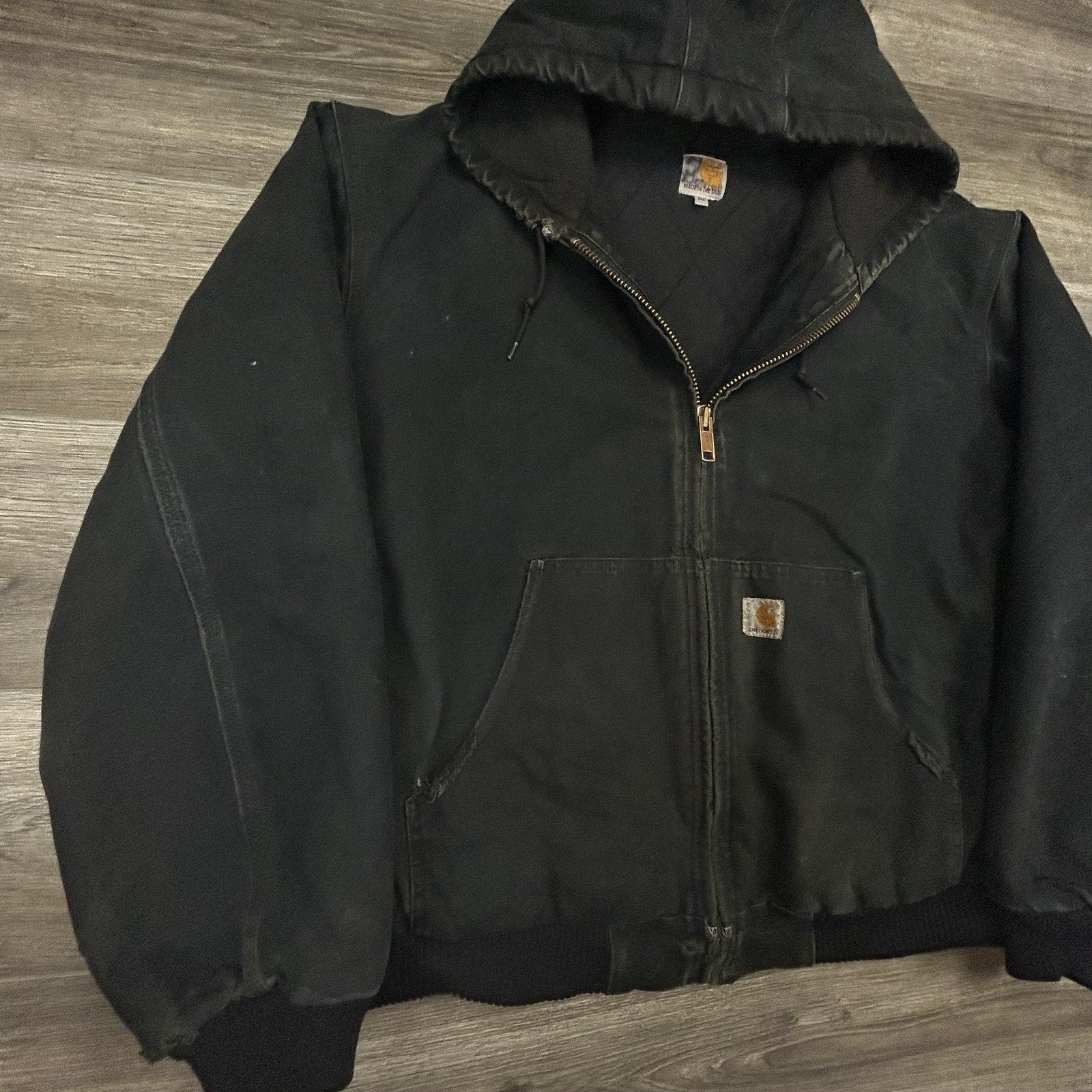 Vintage Carhartt Jacket Mens 2XL Black Hooded Canvas Bomber USA Workwear 90s