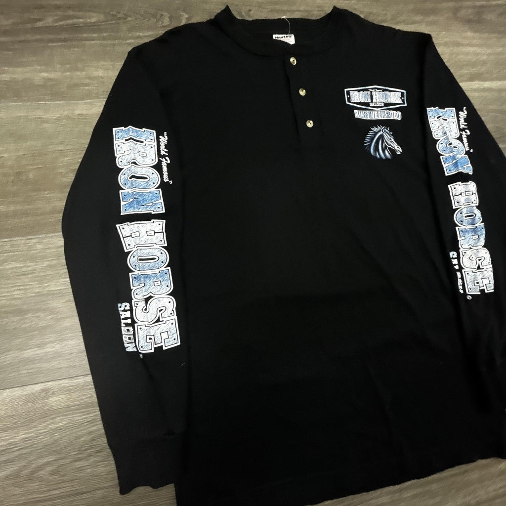 Vintage Iron Horse Saloon Shirt Mens Medium Black Henley Bike Week Long Sleeve