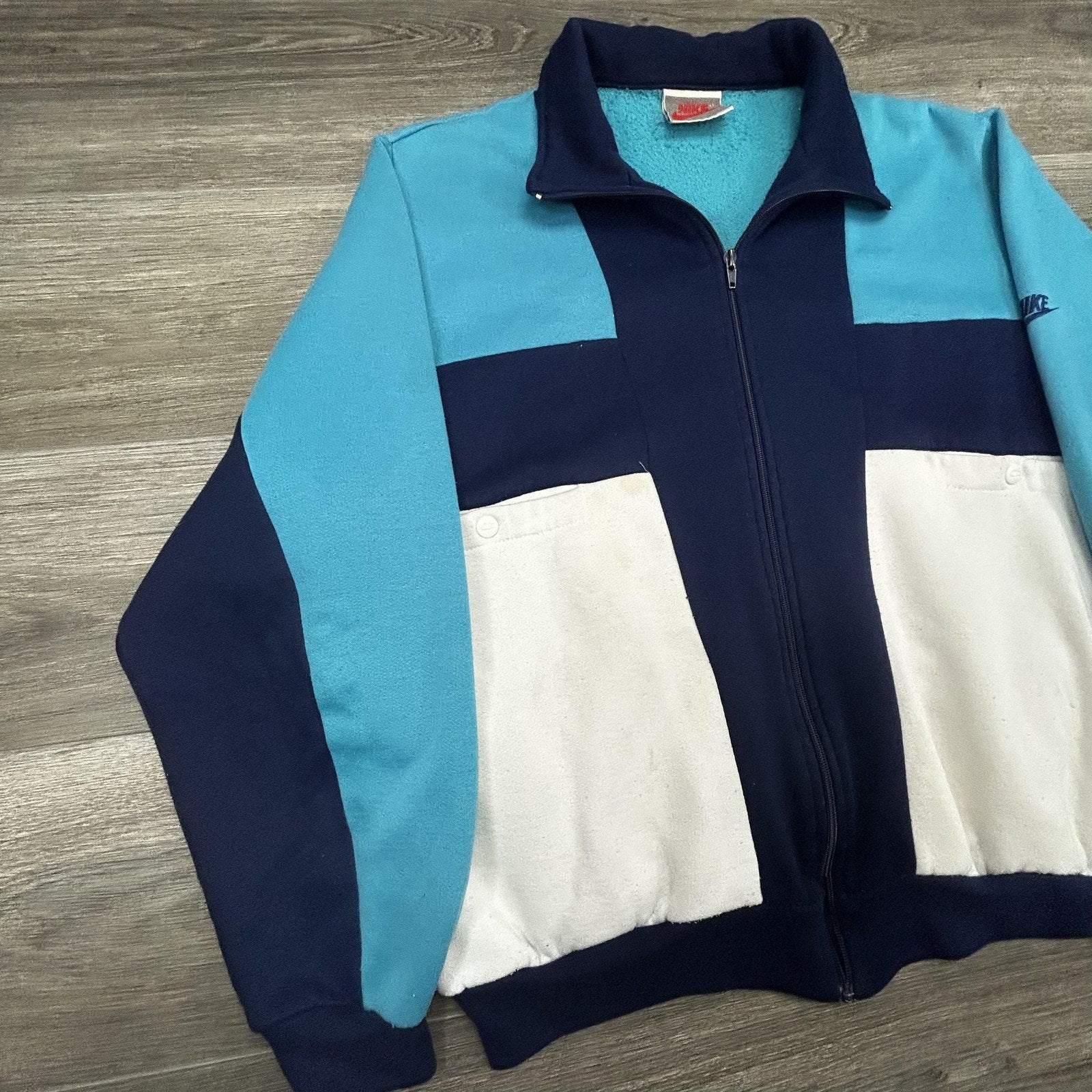 Vintage 80s Nike Track Jacket Mens Large Blue Teal White Colorblock Full Zip USA