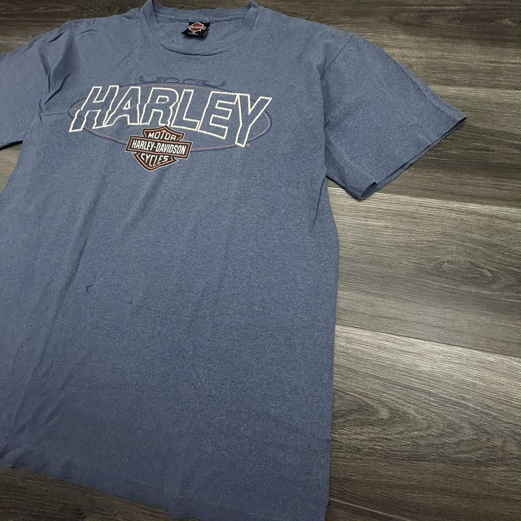 Vintage Harley Davidson Shirt Mens Large Blue Eagle Chrome SIngle Stitch 90s USA