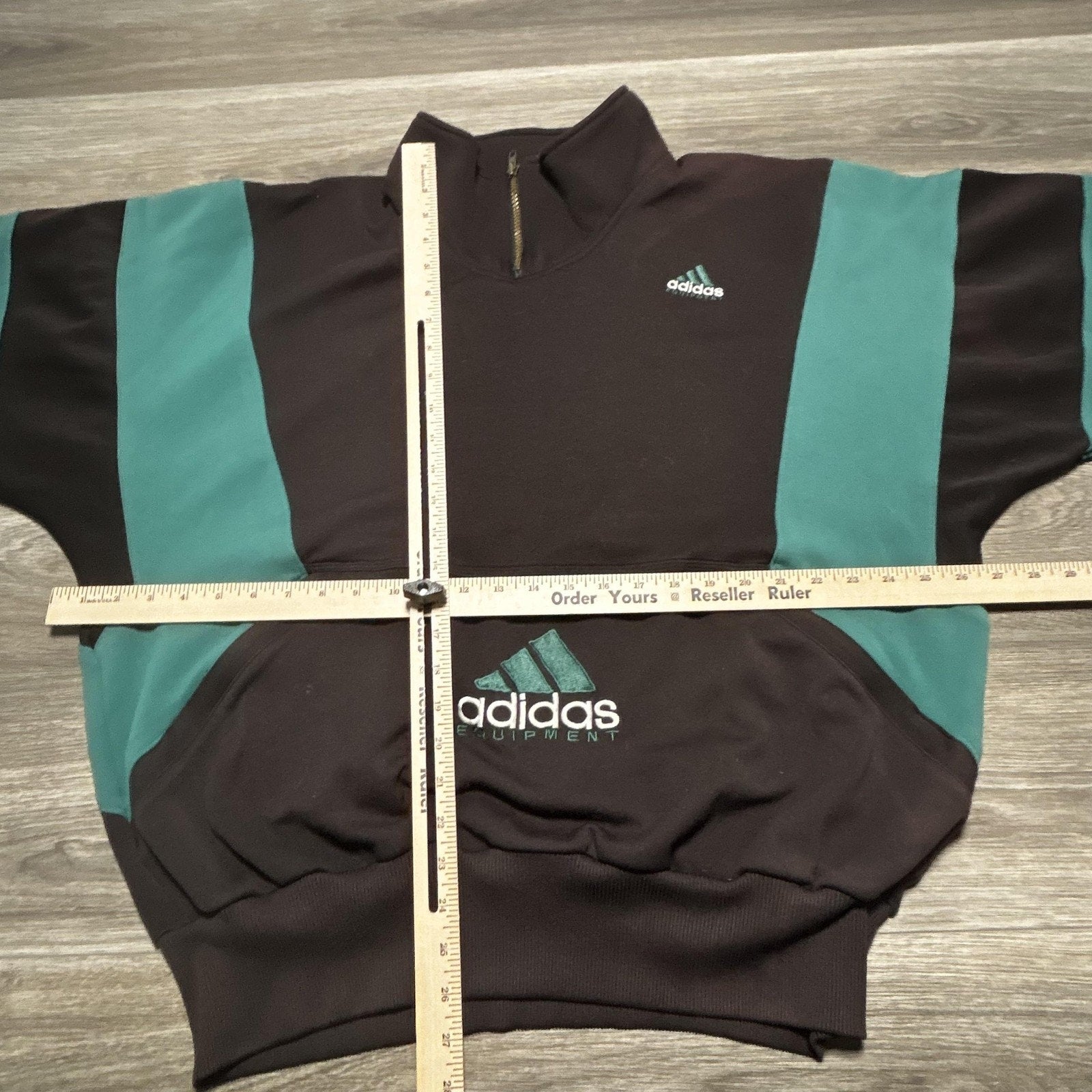 Vintage Adidas Sweatshirt Mens 2XL Black Teal 1/4 Zip Striped Center Logo 90s
