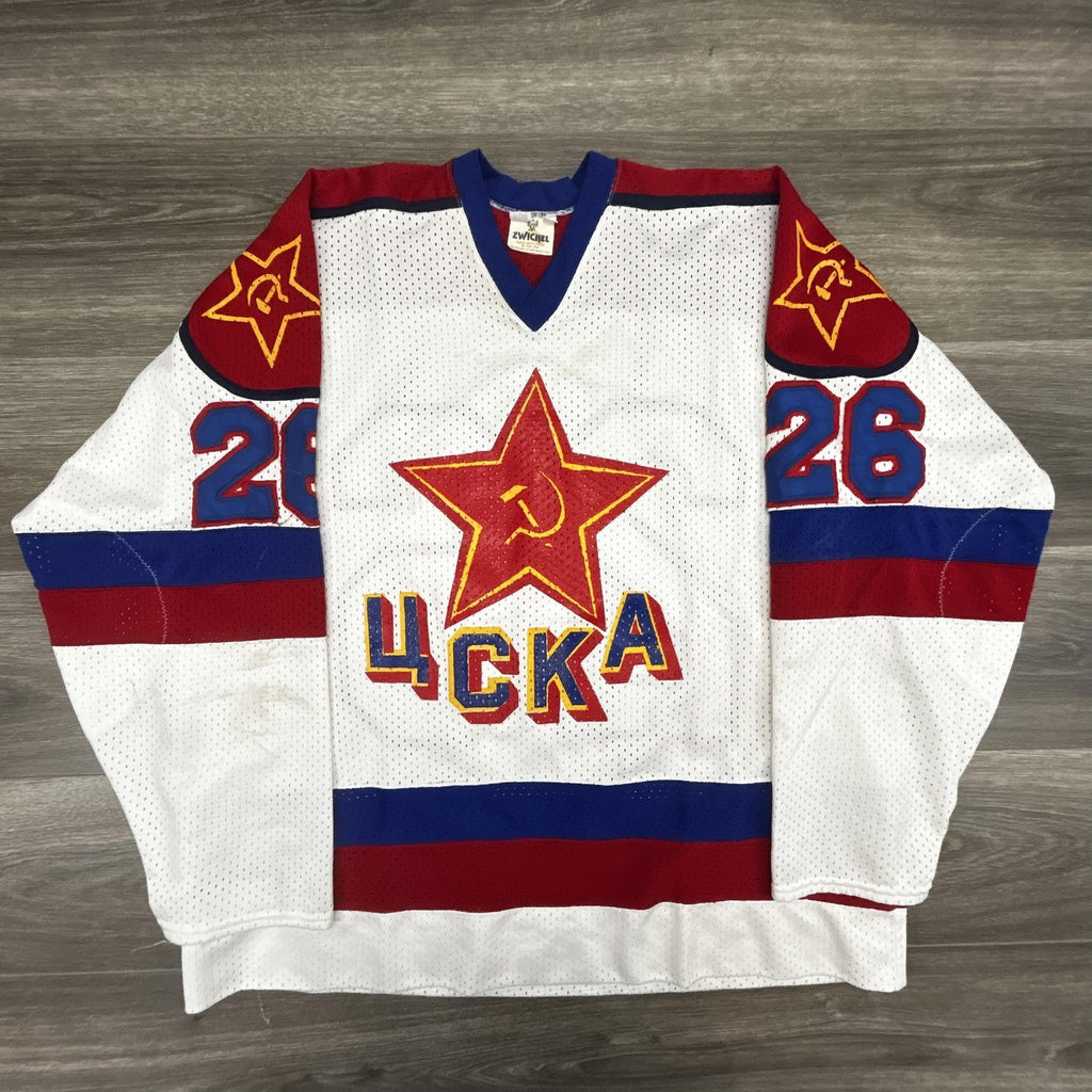 Vintage CSKA Moscow Hockey Jersey Mens XL White Soviet Union Hammer Sickle USA