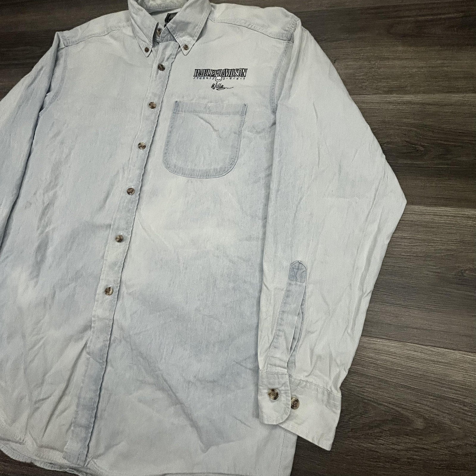 Vintage Harley Davidson Shirt Mens Medium Blue Denim Sturgis Willie G 2001 USA