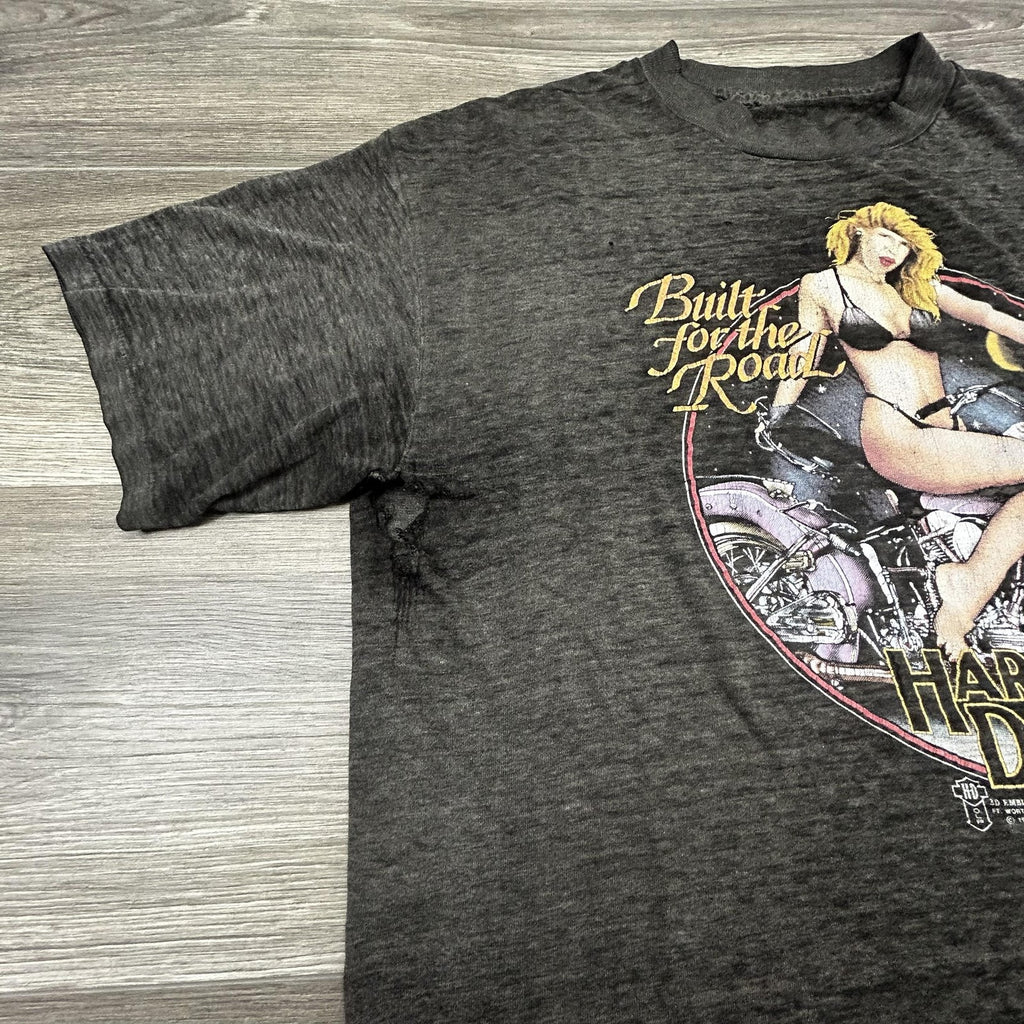 Vintage Harley Davidson 3D Emblem Shirt Medium Pinup Girl Faded Thrashed 80s USA