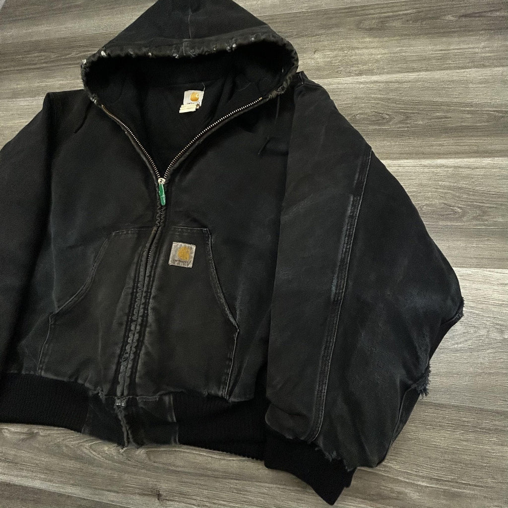 Vintage Carhartt Jacket Mens 2XL Black Hooded Canvas Faded Thrashed J04 BLK 90s