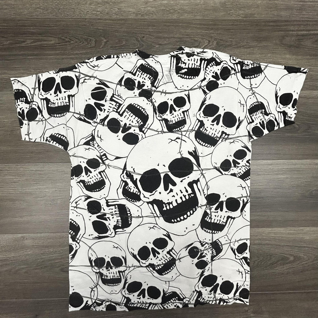 Vintage Skull AOP Shirt Mens Large White Solar-T Biker Punk Single Stitch 90s
