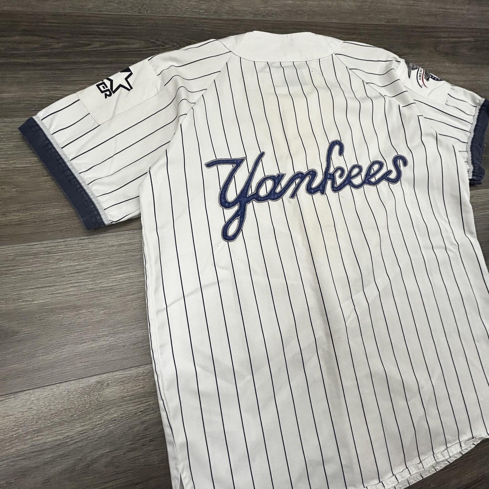 Vintage New York Yankees Jersey Mens Large White Pinstripe Baseball Starter 90s