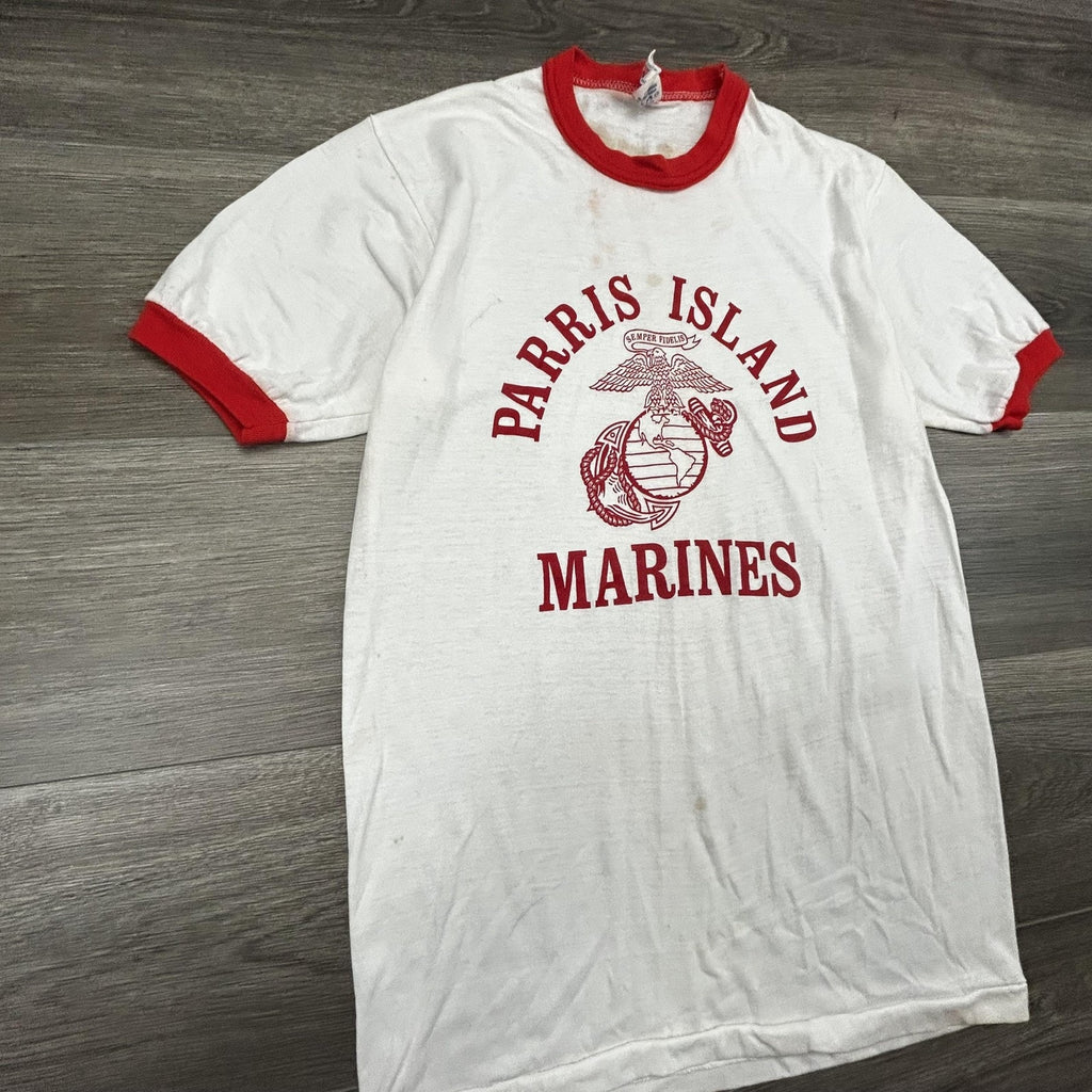 True Vintage 70s USMC Ringer Shirt Mens Medium White Parris Island Marines USA